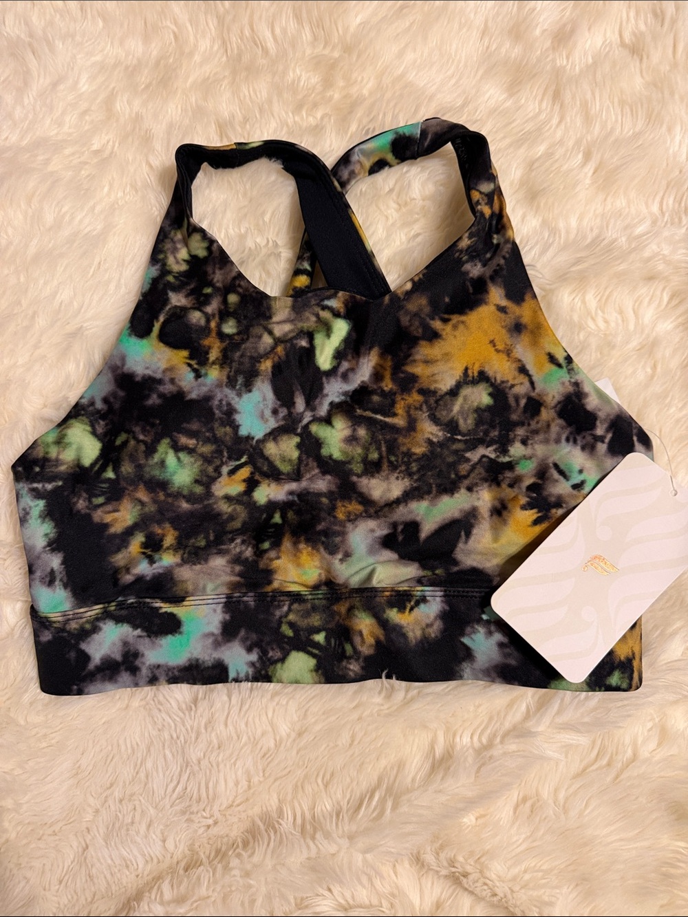 Fabletics Tie-Dye Racerback Sports Bra - Black, Yellow, Green